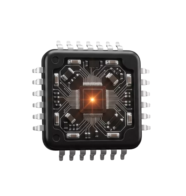 Glossy 3D AI chip with creative spark