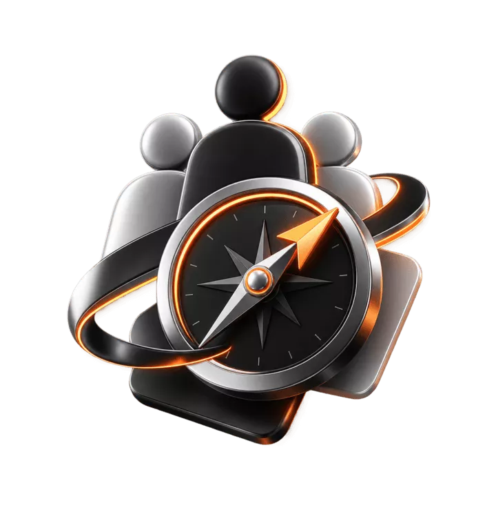 Glossy 3D compass surrounded by a leadership team