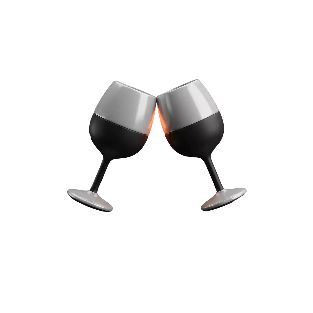 Two glossy 3D wine glasses toasting