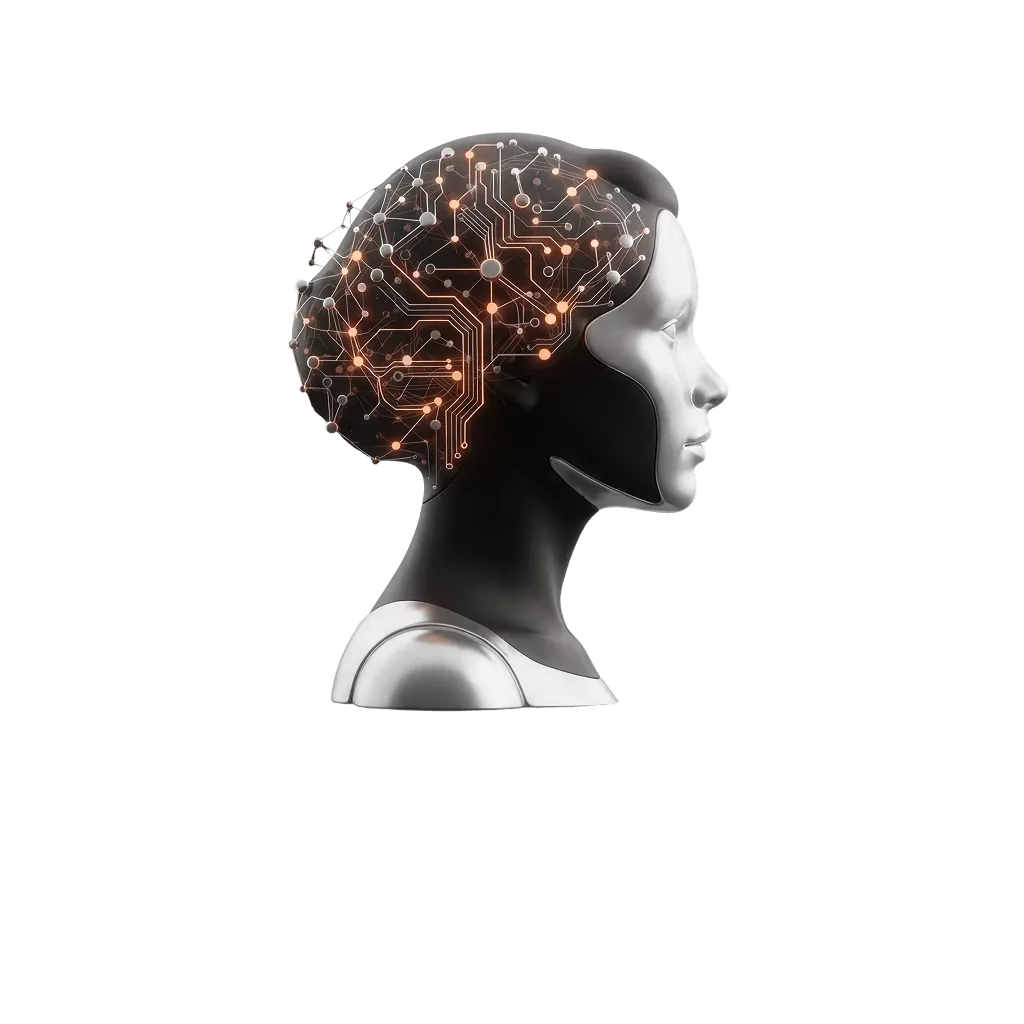 Glossy 3D silhouette of a woman's head merging into an AI circuit network
